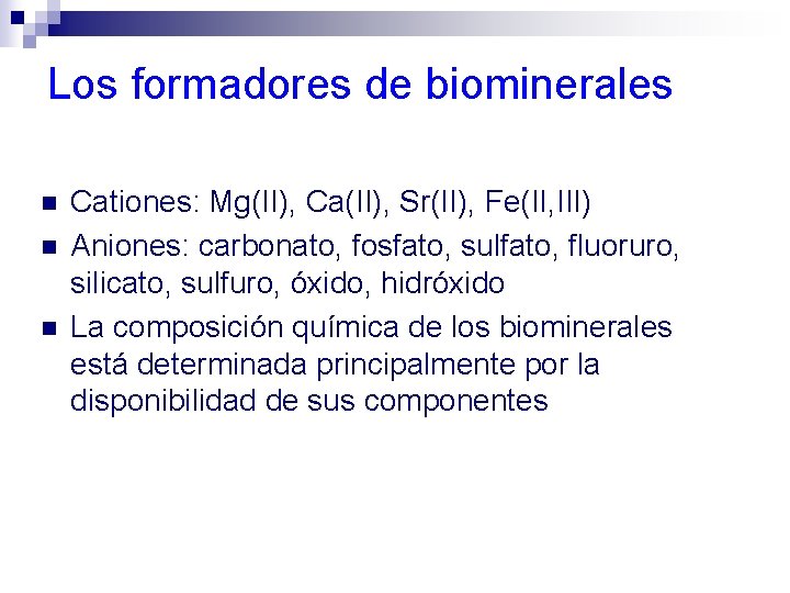 Los formadores de biominerales n n n Cationes: Mg(II), Ca(II), Sr(II), Fe(II, III) Aniones:
