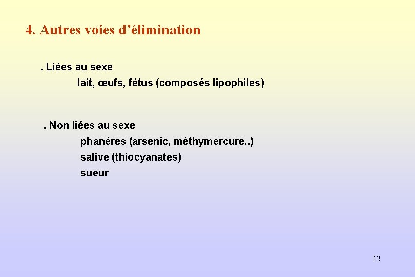 4. Autres voies d’élimination. Liées au sexe lait, œufs, fétus (composés lipophiles) . Non
