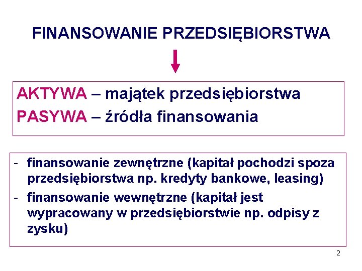 FINANSOWANIE PRZEDSIĘBIORSTWA AKTYWA – majątek przedsiębiorstwa PASYWA – źródła finansowania - finansowanie zewnętrzne (kapitał