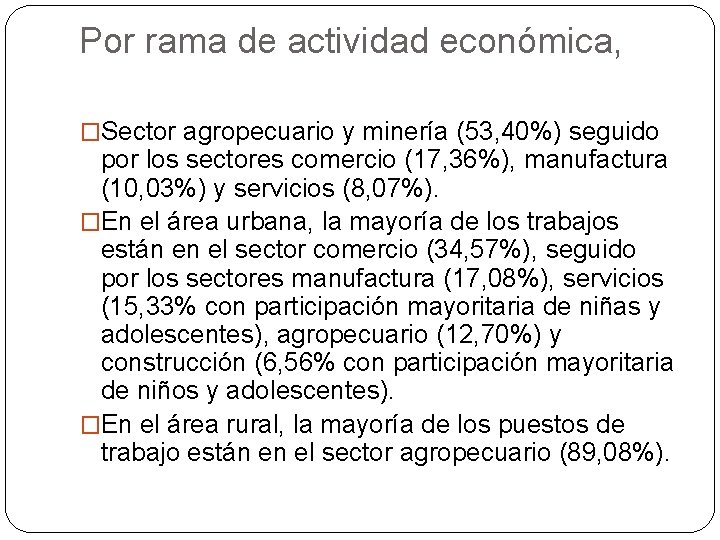 Por rama de actividad económica, �Sector agropecuario y minería (53, 40%) seguido por los