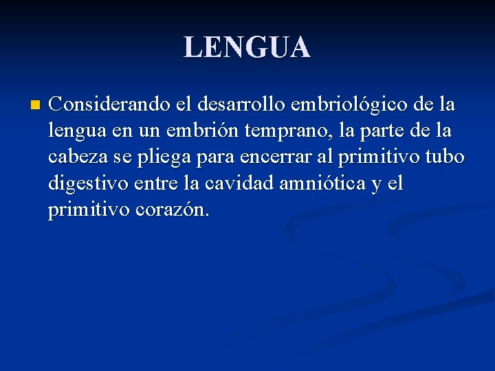 LENGUA n Considerando el desarrollo embriológico de la lengua en un embrión temprano, la