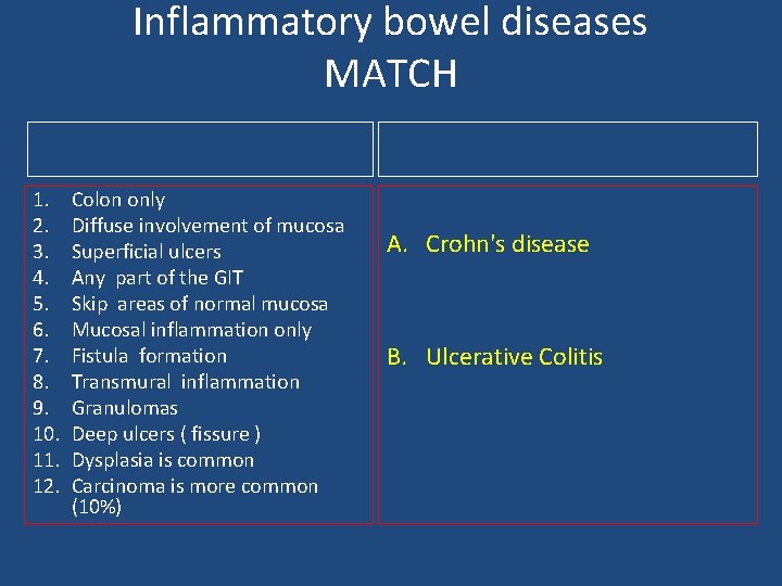 Inflammatory bowel diseases MATCH 1. 2. 3. 4. 5. 6. 7. 8. 9. 10.