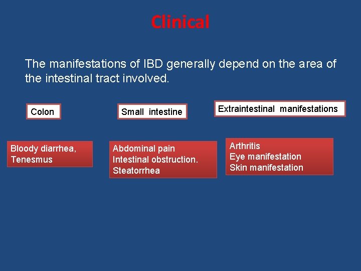 Clinical The manifestations of IBD generally depend on the area of the intestinal tract