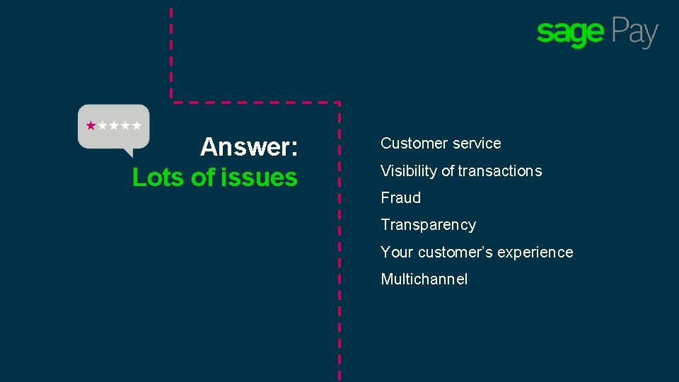 Answer: Lots of issues Customer service Visibility of transactions Fraud Transparency Your customer’s experience
