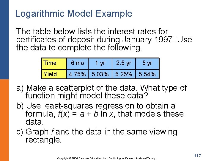 Logarithmic Model Example The table below lists the interest rates for certificates of deposit