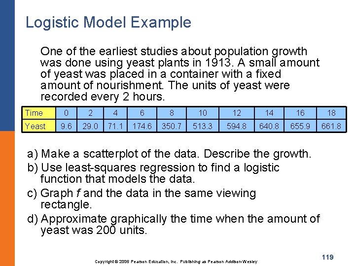 Logistic Model Example One of the earliest studies about population growth was done using