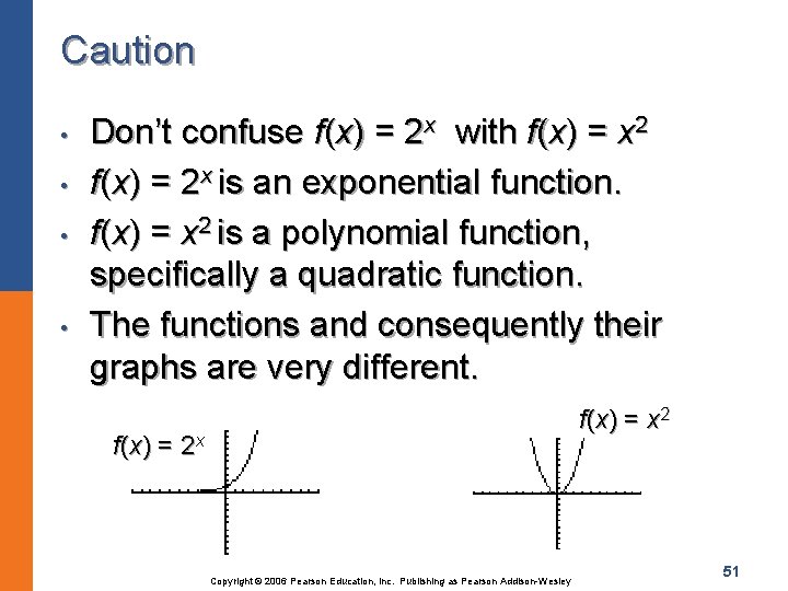Caution • • Don’t confuse f(x) = 2 x with f(x) = x 2