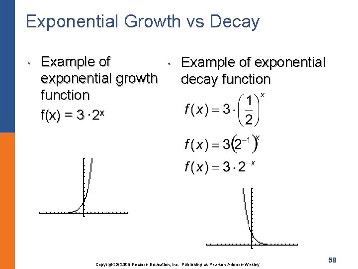 Exponential Growth vs Decay • Example of exponential growth function f(x) = 3 •