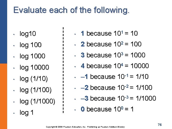 Evaluate each of the following. • log 10 • 1 because 101 = 10