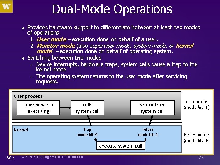 Dual-Mode Operations u u Provides hardware support to differentiate between at least two modes