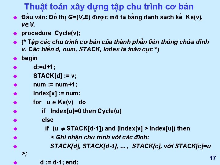 Thuật toán xây dựng tập chu trình cơ bản u u u u Đầu