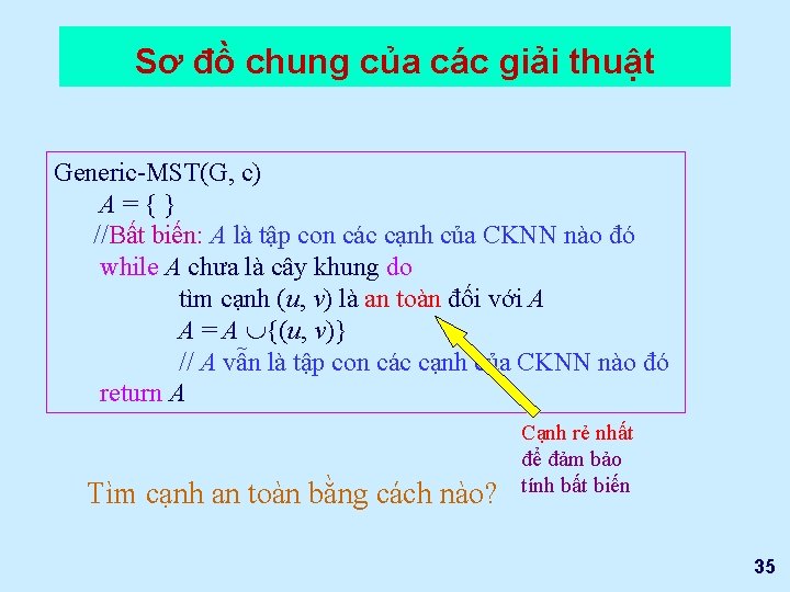 Sơ đồ chung của các giải thuật Generic-MST(G, c) A={} //Bất biến: A là