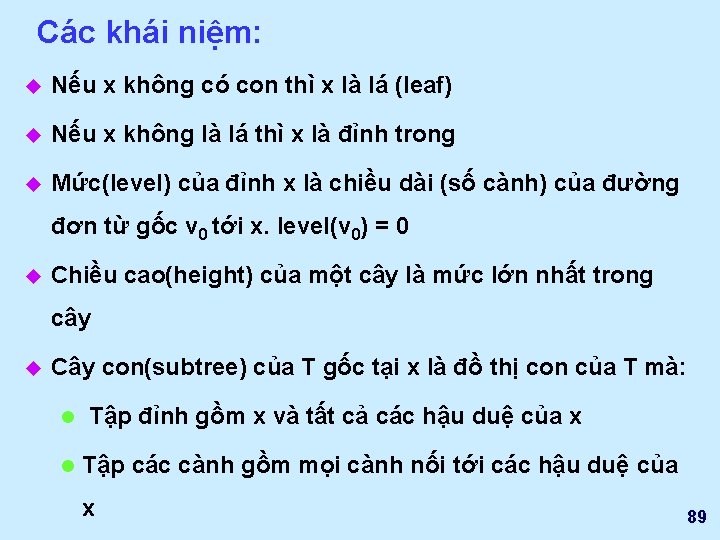 Các khái niệm: u Nếu x không có con thì x là lá (leaf)