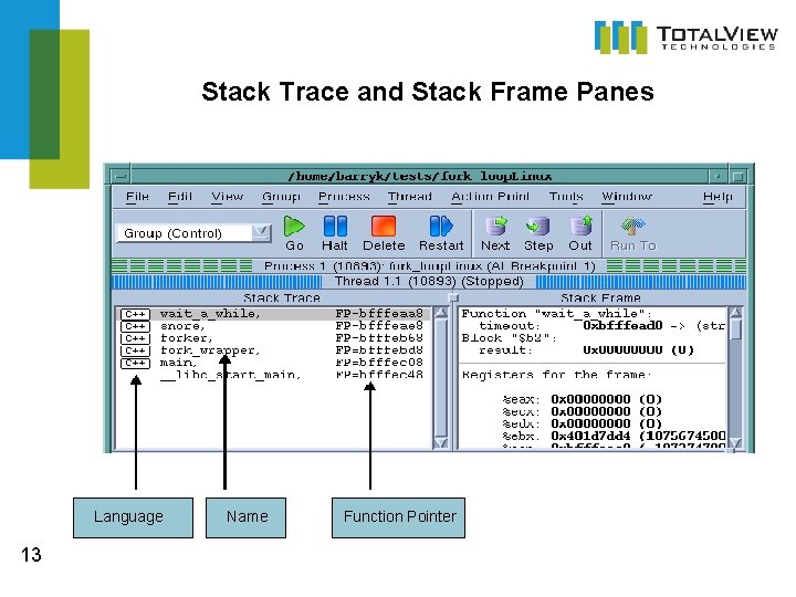 Stack Trace and Stack Frame Panes Language 13 Name Function Pointer 