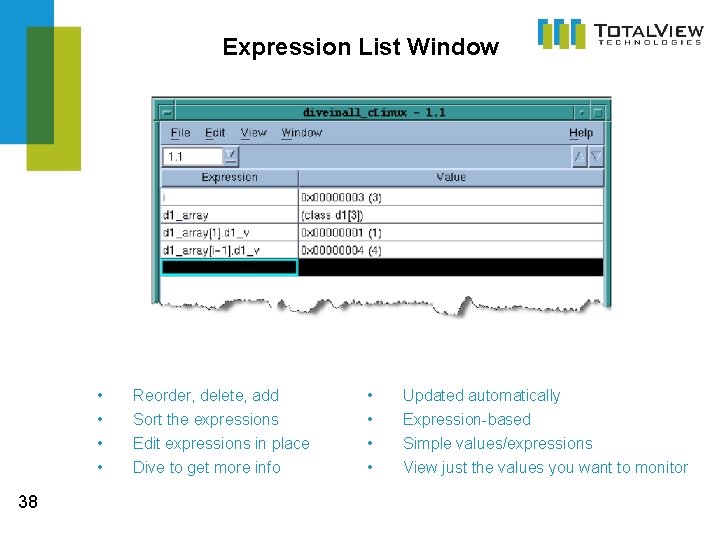 Expression List Window • • 38 Reorder, delete, add Sort the expressions Edit expressions
