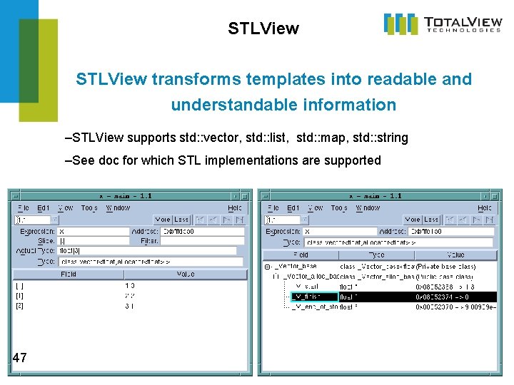 STLView transforms templates into readable and understandable information –STLView supports std: : vector, std: