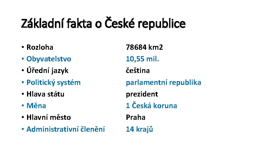 Základní fakta o České republice • Rozloha • Obyvatelstvo • Úřední jazyk • Politický