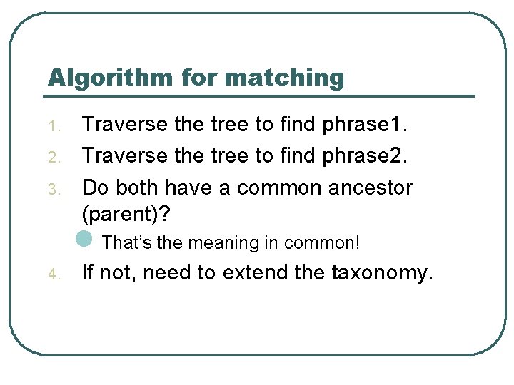 Algorithm for matching 1. 2. 3. Traverse the tree to find phrase 1. Traverse