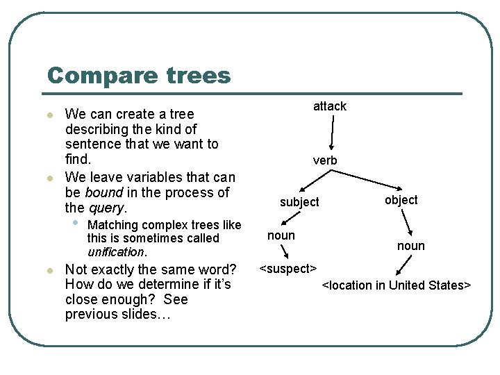 Compare trees l l We can create a tree describing the kind of sentence