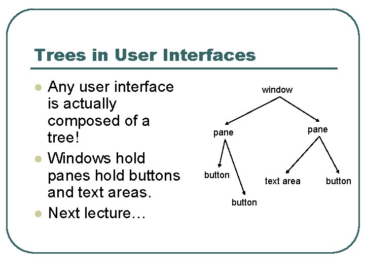 Trees in User Interfaces l l l Any user interface is actually composed of