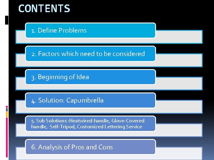 CONTENTS 1. Define Problems 2. Factors which need to be considered 3. Beginning of