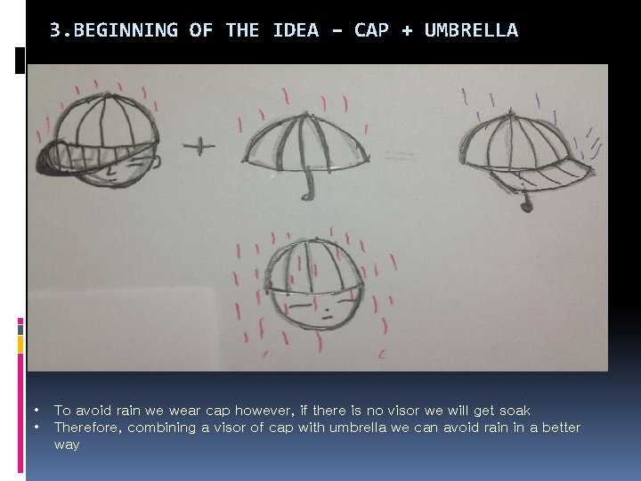 3. BEGINNING OF THE IDEA – CAP + UMBRELLA • • To avoid rain