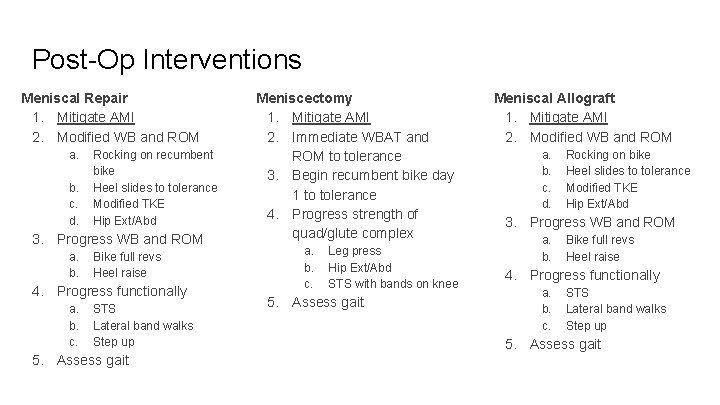 Post-Op Interventions Meniscal Repair 1. Mitigate AMI 2. Modified WB and ROM a. b.