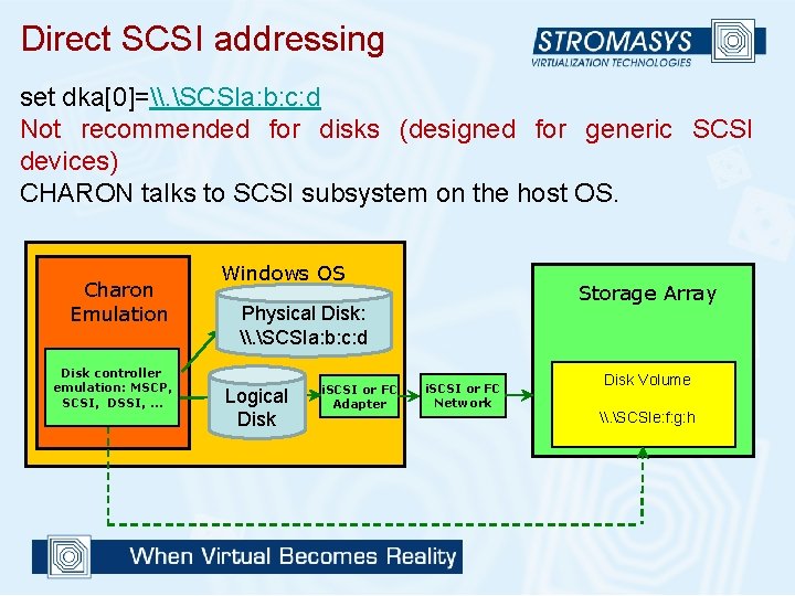 Direct SCSI addressing set dka[0]=\. SCSIa: b: c: d Not recommended for disks (designed