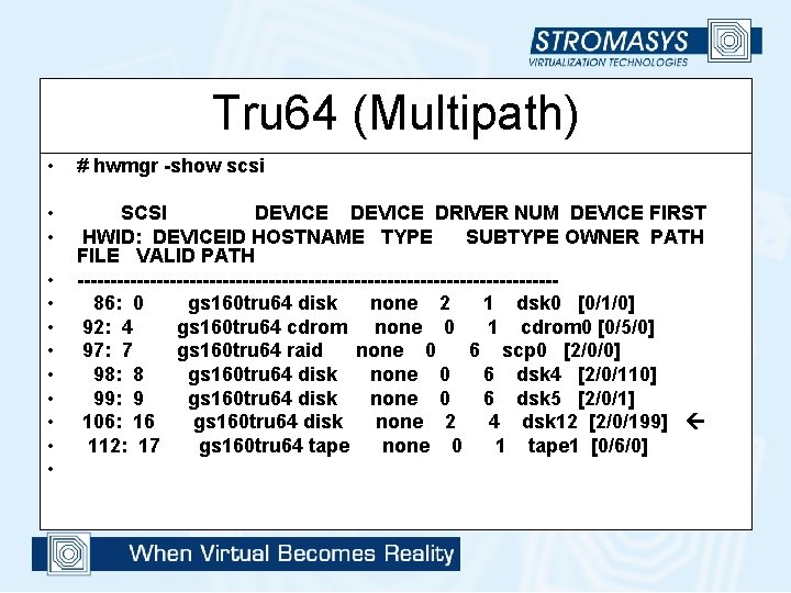 Tru 64 (Multipath) • # hwmgr -show scsi • • SCSI DEVICE DRIVER NUM