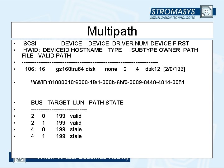 Multipath • • SCSI DEVICE DRIVER NUM DEVICE FIRST HWID: DEVICEID HOSTNAME TYPE SUBTYPE