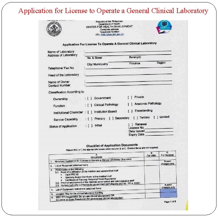 Application for License to Operate a General Clinical Laboratory 