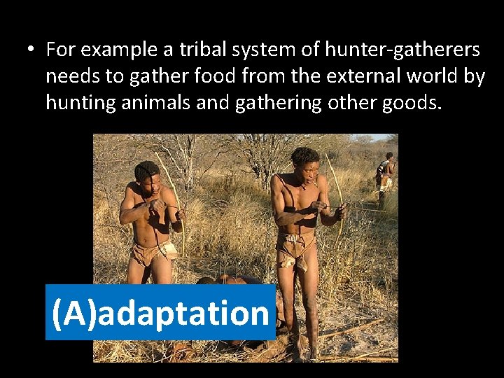  • For example a tribal system of hunter-gatherers needs to gather food from