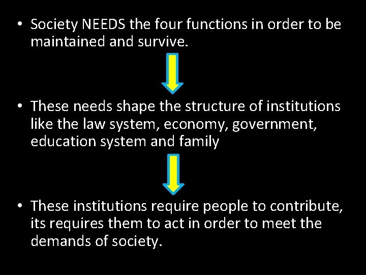  • Society NEEDS the four functions in order to be maintained and survive.