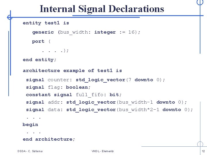 Internal Signal Declarations entity test 1 is generic (bus_width: integer : = 16); port