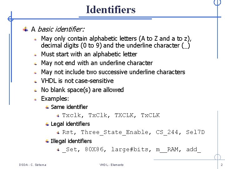 Identifiers A basic identifier: May only contain alphabetic letters (A to Z and a