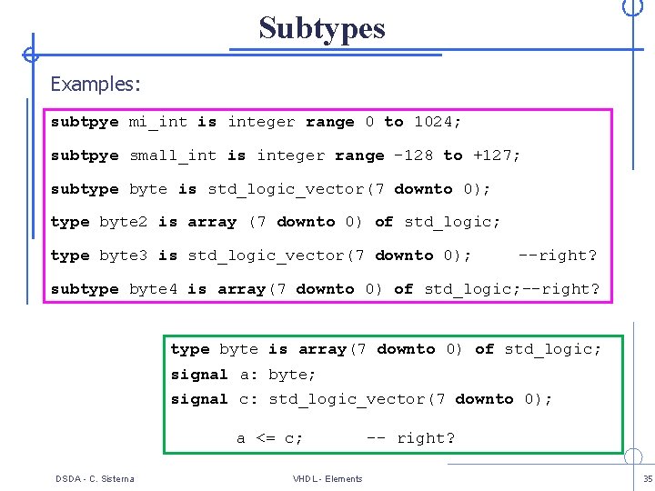 Subtypes Examples: subtpye mi_int is integer range 0 to 1024; subtpye small_int is integer