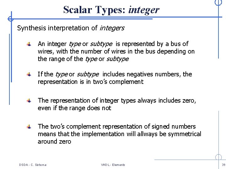Scalar Types: integer Synthesis interpretation of integers An integer type or subtype is represented