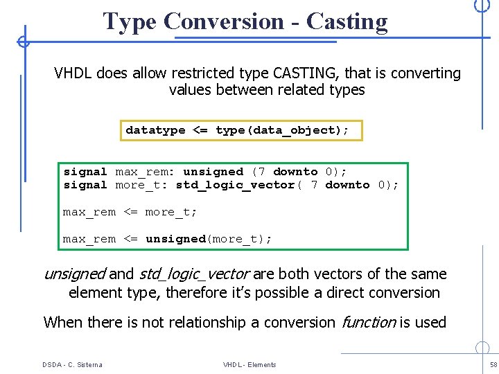 Type Conversion - Casting VHDL does allow restricted type CASTING, that is converting values