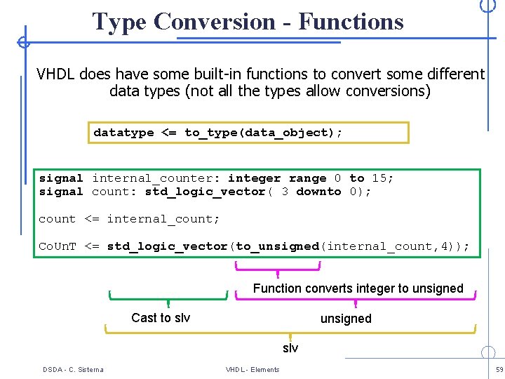 Type Conversion - Functions VHDL does have some built-in functions to convert some different