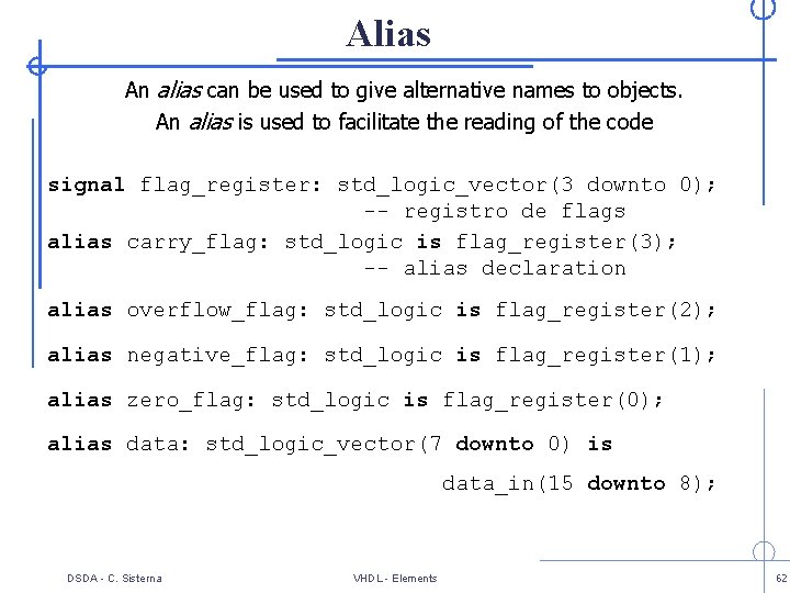 Alias An alias can be used to give alternative names to objects. An alias