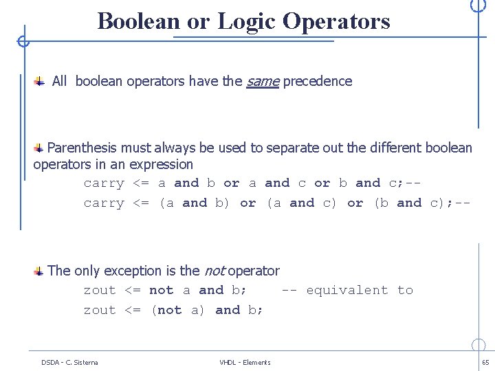 Boolean or Logic Operators All boolean operators have the same precedence Parenthesis must always