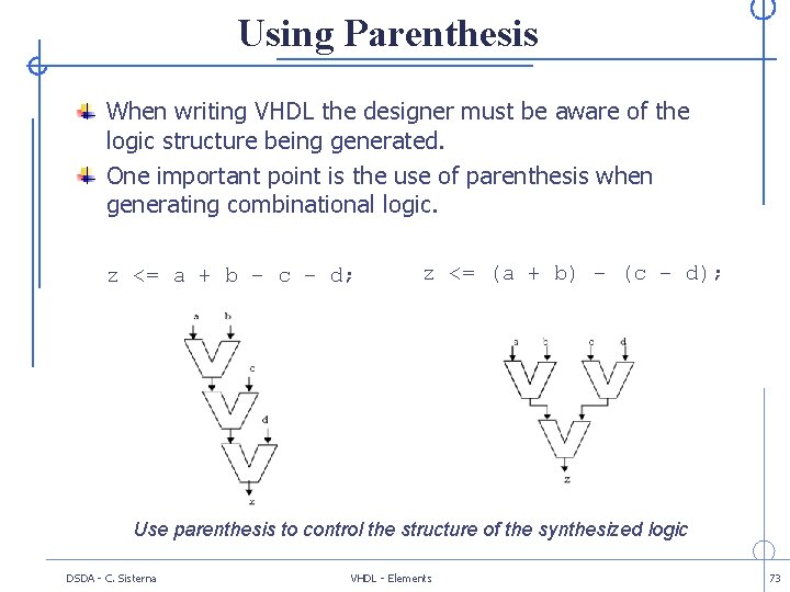Using Parenthesis When writing VHDL the designer must be aware of the logic structure