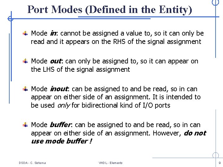 Port Modes (Defined in the Entity) Mode in: cannot be assigned a value to,