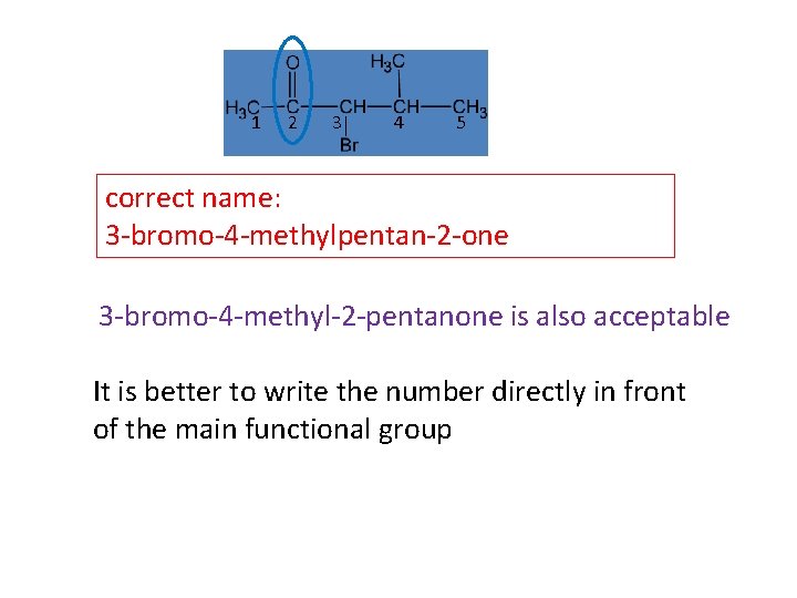 1 2 3 4 5 correct name: 3 -bromo-4 -methylpentan-2 -one 3 -bromo-4 -methyl-2