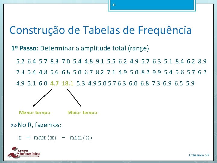 31 Construção de Tabelas de Frequência 1º Passo: Determinar a amplitude total (range) 5.