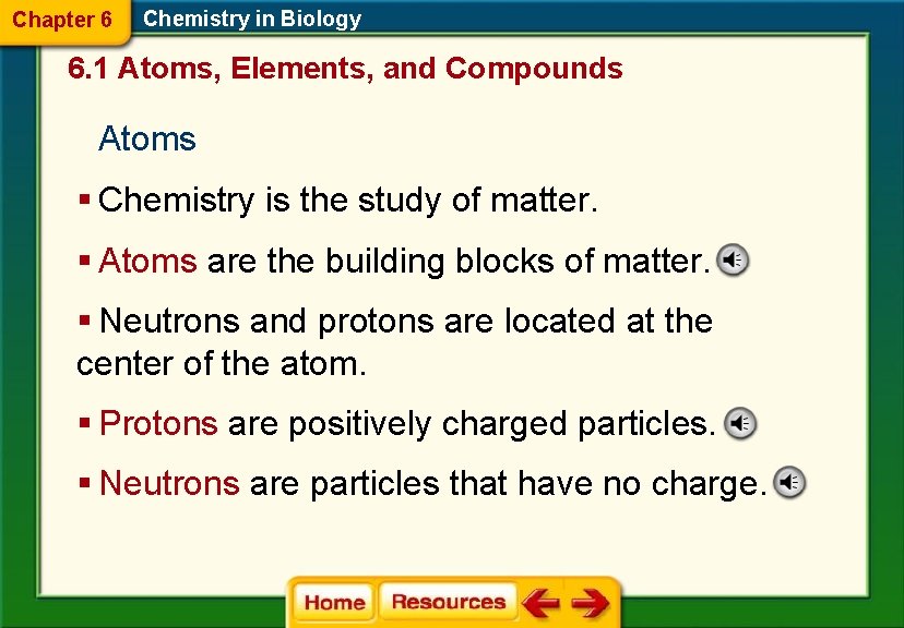 Chapter 6 Chemistry in Biology 6. 1 Atoms, Elements, and Compounds Atoms § Chemistry