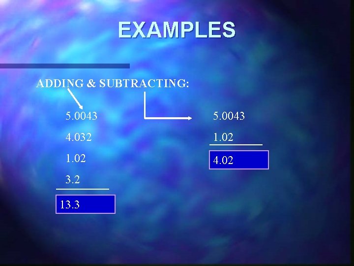 EXAMPLES ADDING & SUBTRACTING: 5. 0043 4. 032 1. 02 4. 02 3. 2