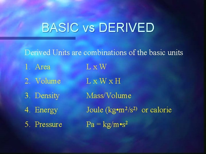 BASIC vs DERIVED Derived Units are combinations of the basic units 1. Area Lx.