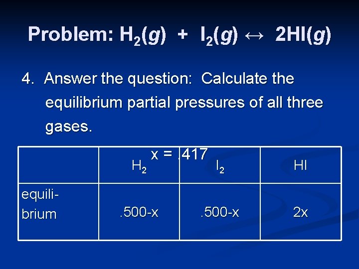 Problem: H 2(g) + I 2(g) ↔ 2 HI(g) 4. Answer the question: Calculate