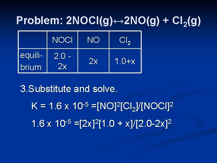Problem: 2 NOCl(g)↔ 2 NO(g) + Cl 2(g) equilibrium NOCl NO Cl 2 2.